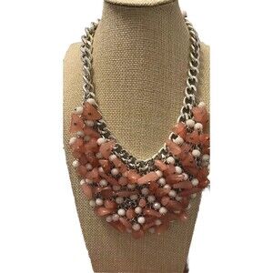 Charming Charlie Necklace Bib Statement Peach White Bead Silver Tone Curb Chain